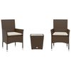 vidaXL 3-delige Bistroset met kussens poly rattan en glas bruin