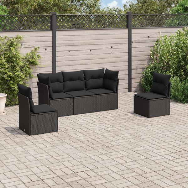 vidaXL 5-delige Loungeset met kussens poly rattan zwart