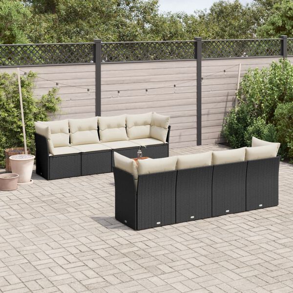 vidaXL 9-delige Loungeset met kussens poly rattan zwart