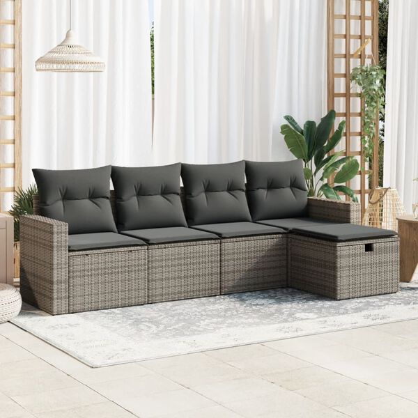 vidaXL 5-delige Loungeset met kussens poly rattan grijs