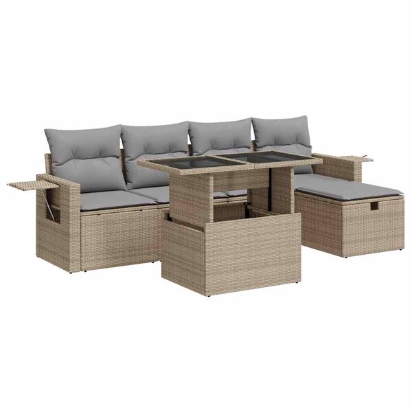 vidaXL 6-delige Loungeset met kussens poly rattan beige
