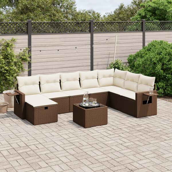vidaXL 9-delige Loungeset met kussens poly rattan bruin