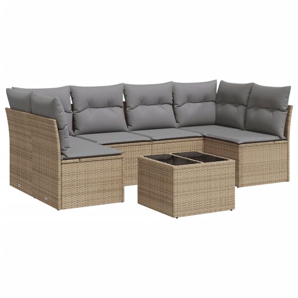 vidaXL 7-delige Loungeset met kussens poly rattan beige