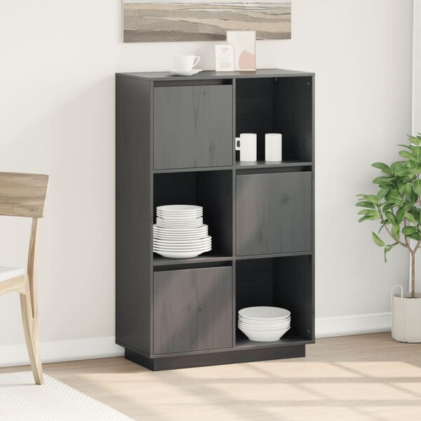 vidaXL Hoge kast 74x35x117 cm massief grenenhout grijs