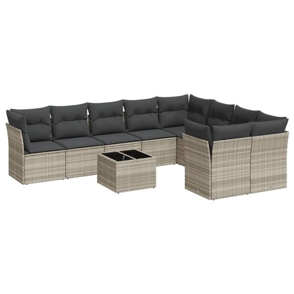 vidaXL 10-delige Loungeset met kussens poly rattan lichtgrijs