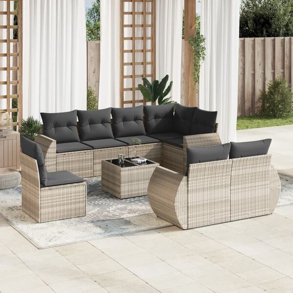 vidaXL 9-delige Loungeset met kussens poly rattan lichtgrijs