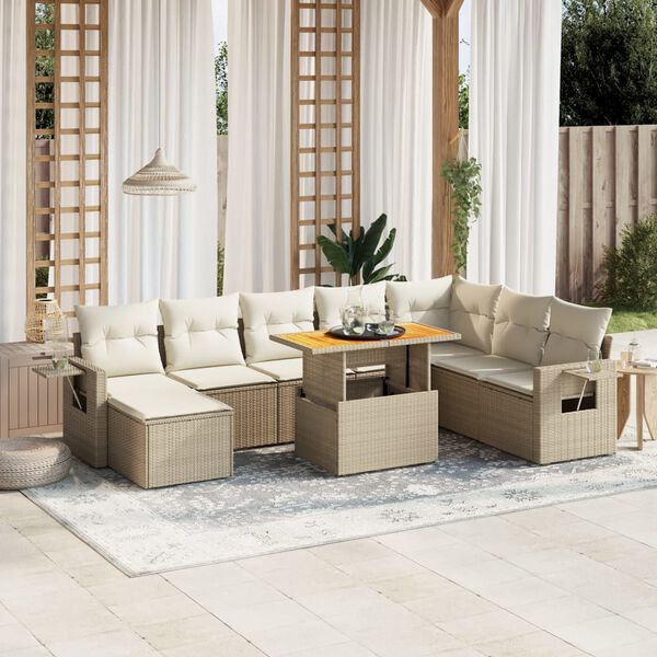 vidaXL 9-delige Loungeset met kussens poly rattan beige