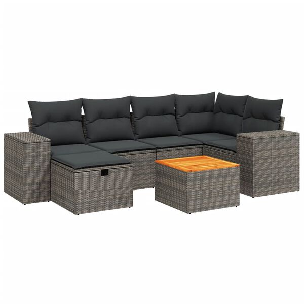 vidaXL 7-delige Loungeset met kussens poly rattan grijs