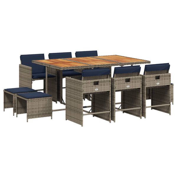 vidaXL 11-delige tuinset met kussens, grijs polyrotan