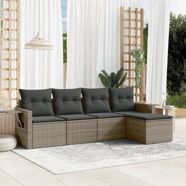 vidaXL 5-delige Loungeset met kussens poly rattan grijs