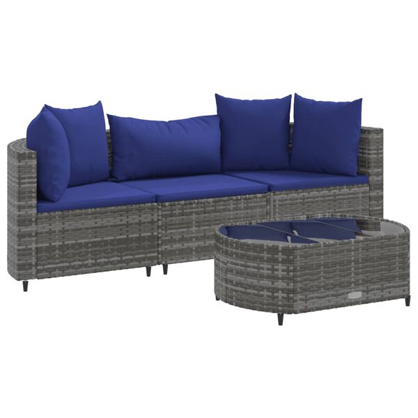 vidaXL 4-delige Loungeset met kussens poly rattan grijs