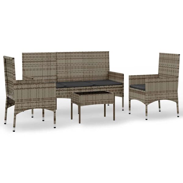vidaXL 4-delige Loungeset met kussens poly rattan grijs