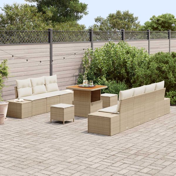 vidaXL Tuinbankenset met kussen met opslag 10 pcs Beige Poly riet