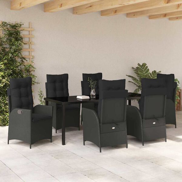 vidaXL Tuin eettafelset met kussen 7 pcs Zwart poly rattan