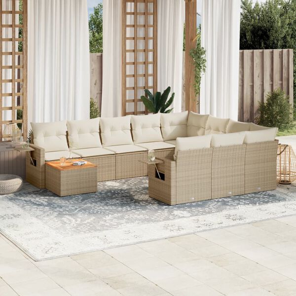 vidaXL 11-delige Tuinset met kussens poly rattan beige