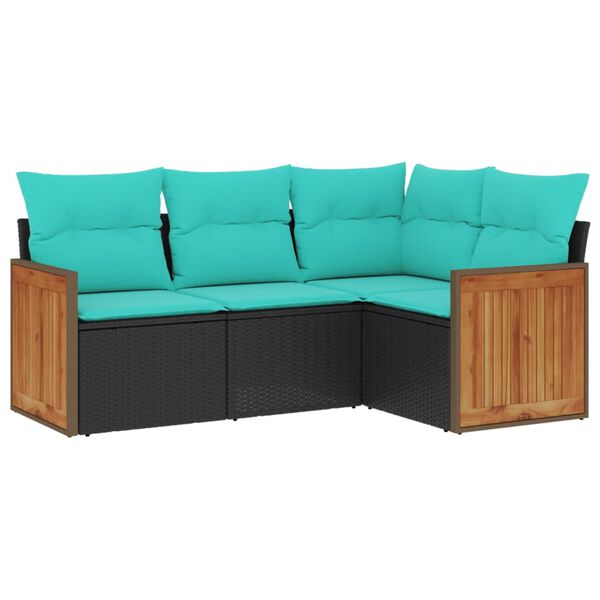 vidaXL 4-delige tuinbankset met kussens, zwart polyrotan