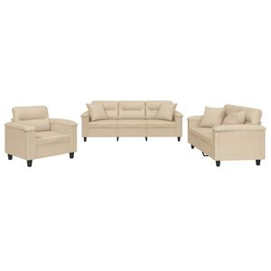 vidaXL 3-delige Loungeset met kussens microvezelstof cr&egrave;mekleurig