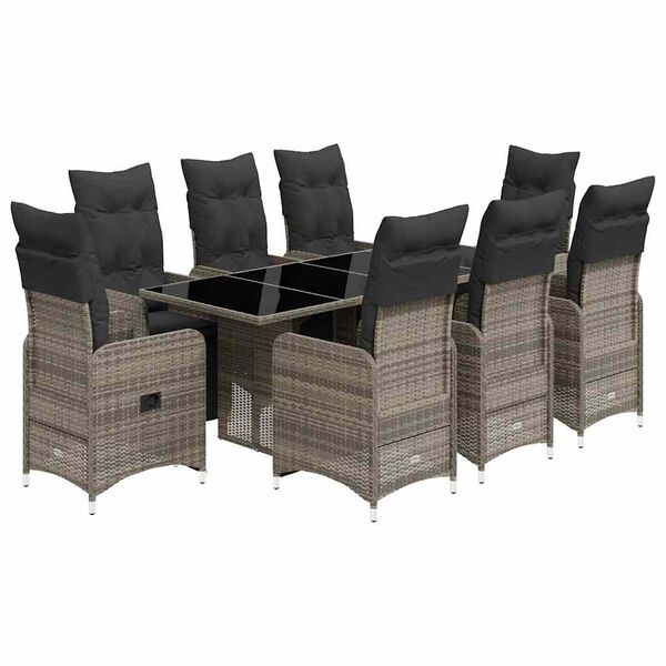 vidaXL 9-delige Bistroset met kussens poly rattan grijs