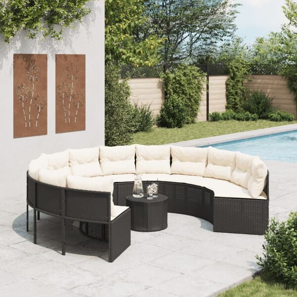 vidaXL Tuinbank met tafel en kussens rond poly rattan zwart