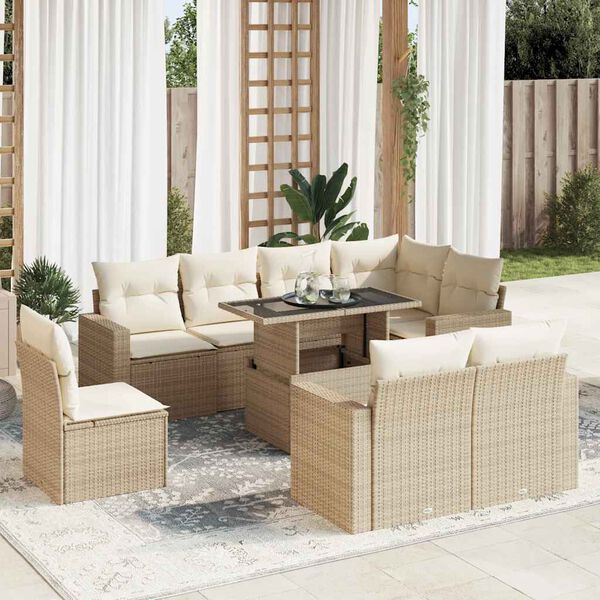 vidaXL 9-delige Loungeset met kussens poly rattan beige
