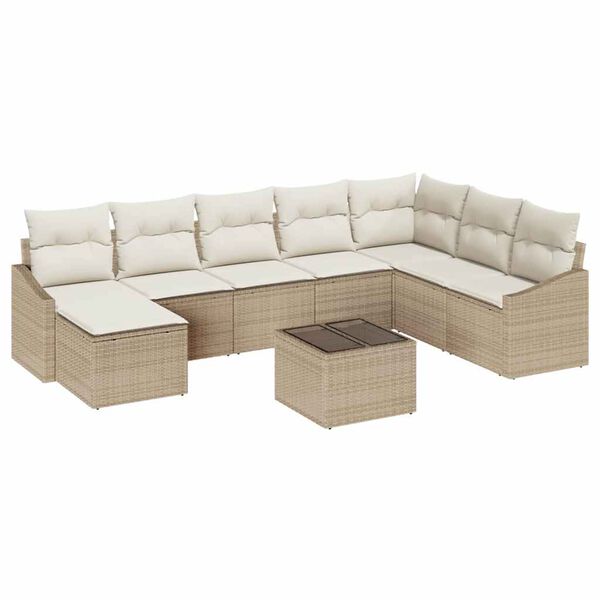 vidaXL Bankstel met kussen 9 pcs Beige poly rattan