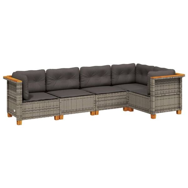 vidaXL 5-delige Loungeset met kussens poly rattan grijs
