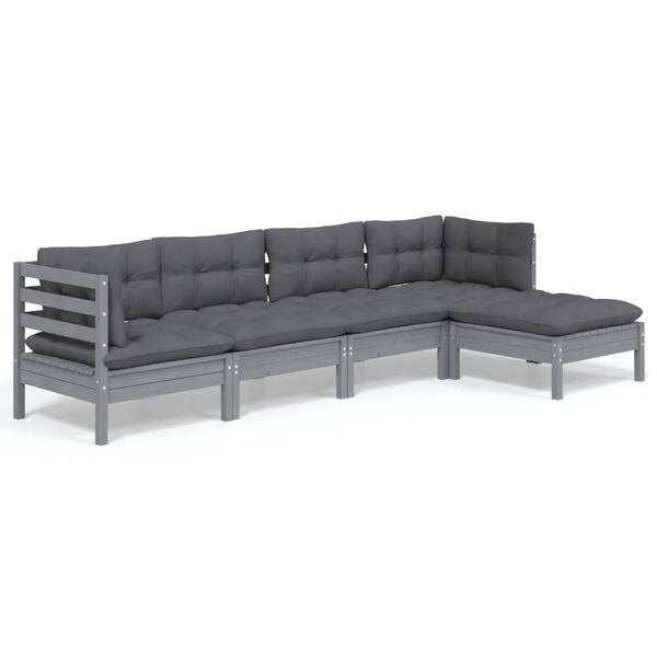 vidaXL 5-delige Loungeset met kussens grenenhout grijs