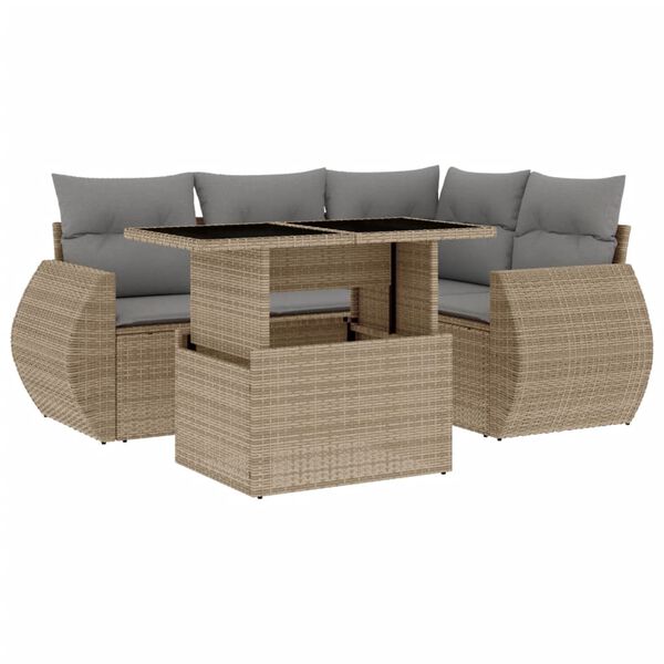 vidaXL 5-delige Loungeset met kussens poly rattan beige