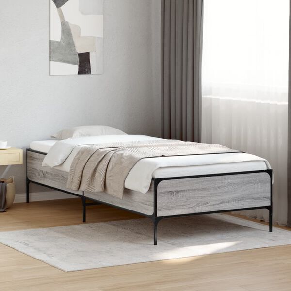 vidaXL Bedframe bewerkt hout en metaal grijs sonoma eiken 75x190 cm