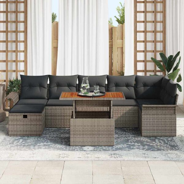 vidaXL Tuinbankenset met kussen met opslag 8 pcs Grijs poly rattan