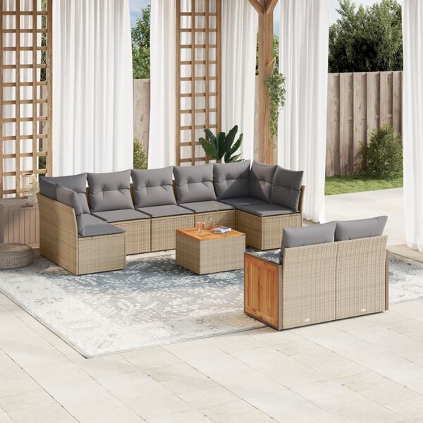 vidaXL 10-delige Loungeset met kussens poly rattan beige