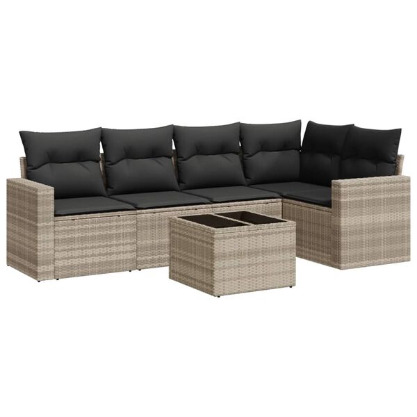 vidaXL 6-delige Loungeset met kussens poly rattan lichtgrijs