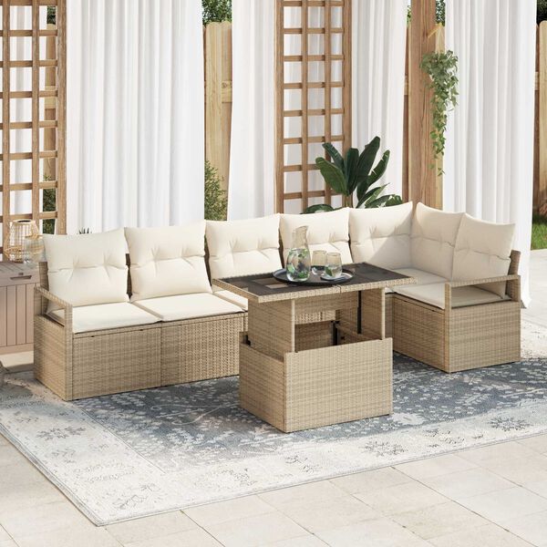 vidaXL Tuin Sofa Set met opslag 7 pcs Beige Poly riet