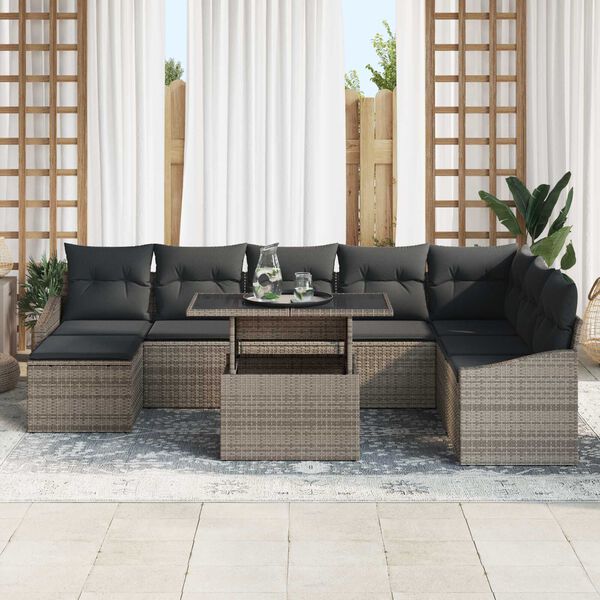 vidaXL Tuin Sofa Set 9 pcs Grijs Poly Rattan en Poedergecoat Staal
