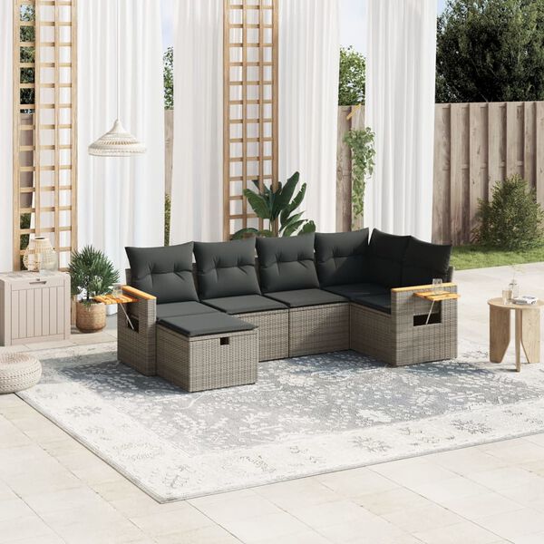 vidaXL 6-delige Loungeset met kussens poly rattan grijs