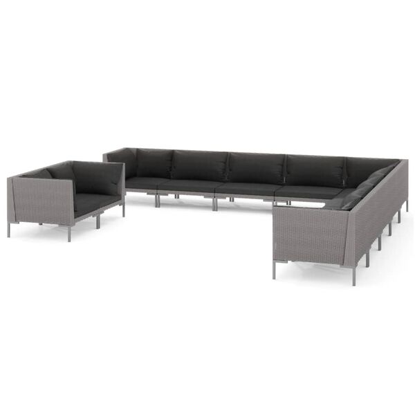 vidaXL 11-delige Loungeset met kussens poly rattan donkergrijs