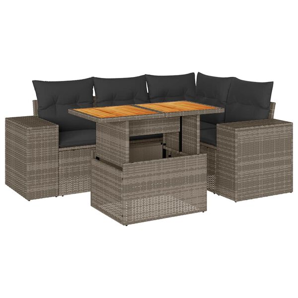 vidaXL 5-delige Loungeset met kussens poly rattan grijs