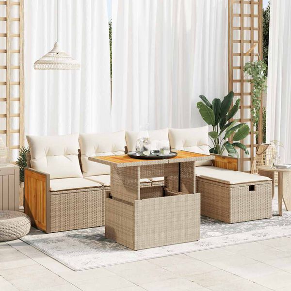 vidaXL 6-delige Loungeset met kussens poly rattan beige