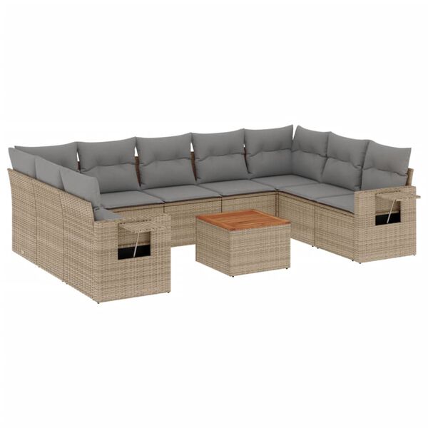 vidaXL 10-delige Loungeset met kussens poly rattan beige