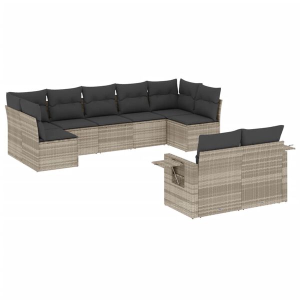 vidaXL 9-delige Loungeset met kussens poly rattan lichtgrijs