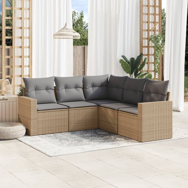 vidaXL 5-delige Loungeset met kussens poly rattan beige