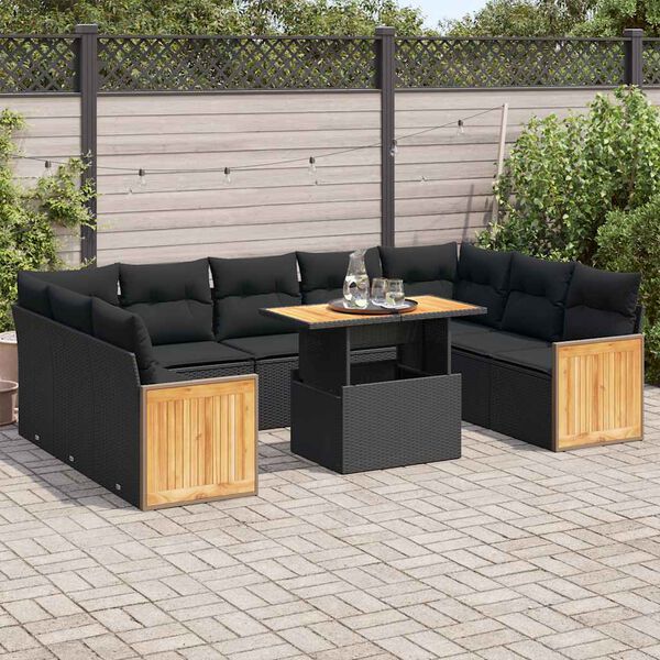 vidaXL 10-delige Loungeset met kussens poly rattan acacia zwart