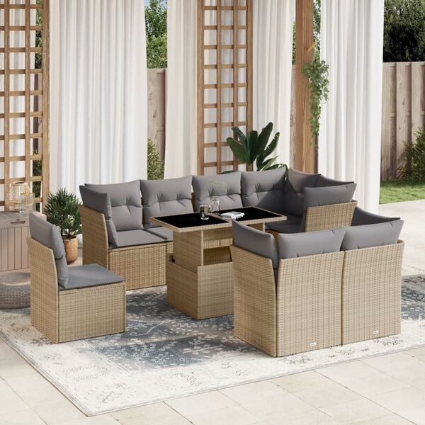 vidaXL 9-delige Loungeset met kussens poly rattan beige
