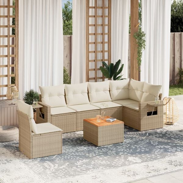 vidaXL 7-delige Loungeset met kussens poly rattan beige