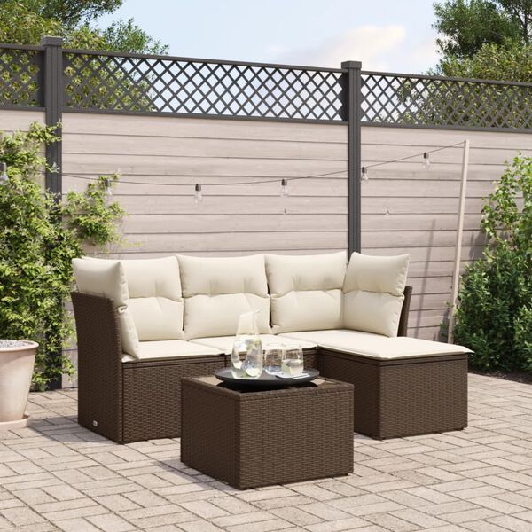 vidaXL 5-delige Loungeset met kussens poly rattan bruin