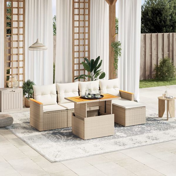 vidaXL 6-delige Loungeset met kussens poly rattan beige