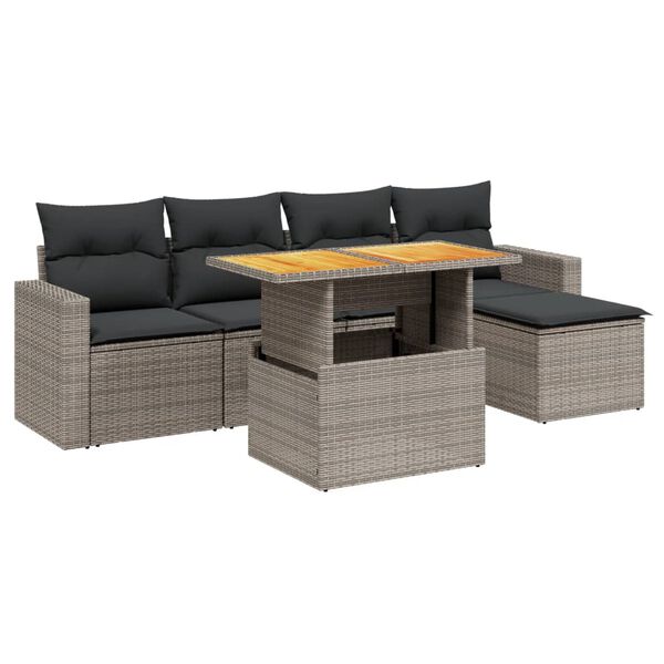 vidaXL 6-delige Loungeset met kussens poly rattan grijs