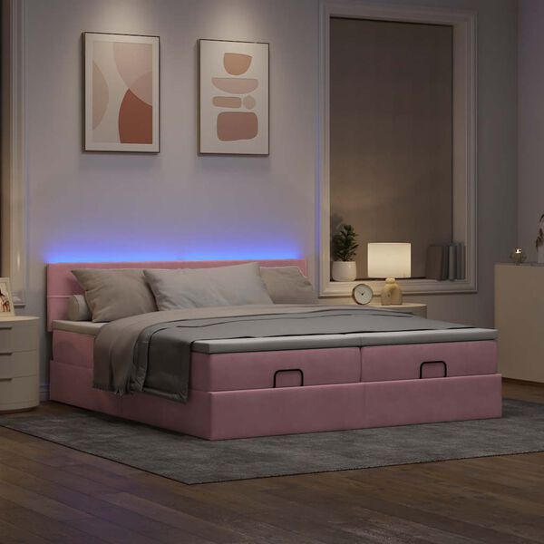 vidaXL Ottoman bed met matrassen en LED's 180x200cm fluweel roze