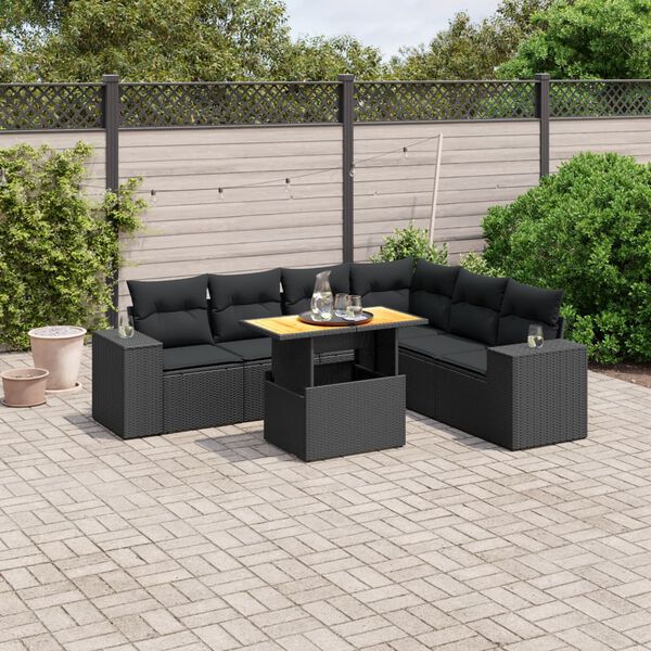 vidaXL 7-delige Loungeset met kussens poly rattan zwart