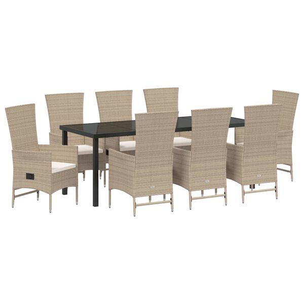 vidaXL Tuin eettafelset met kussen 9 pcs Beige poly rattan